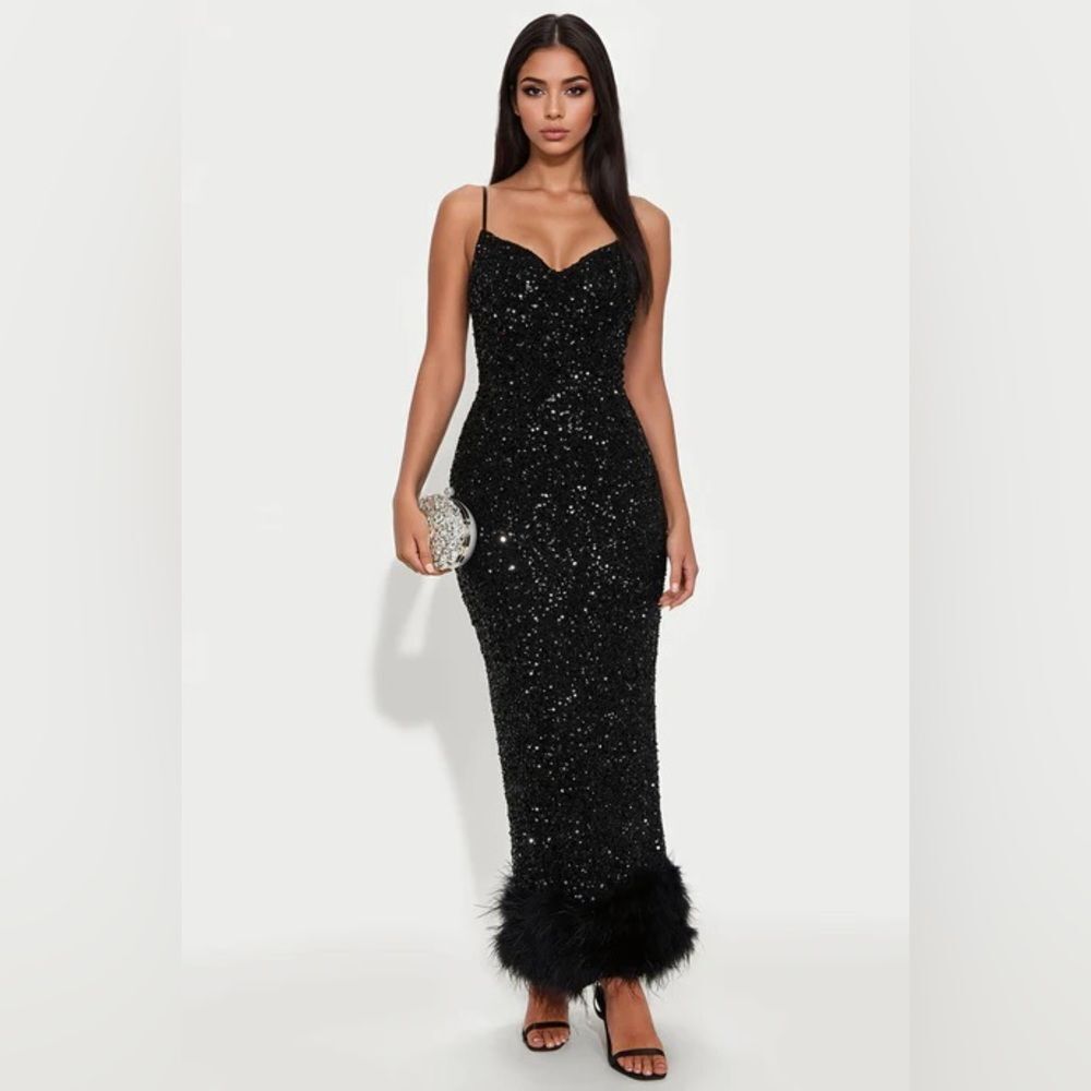 Fashion Nova Focus Black Sequin Maxi Gown Dress Size S NWT
